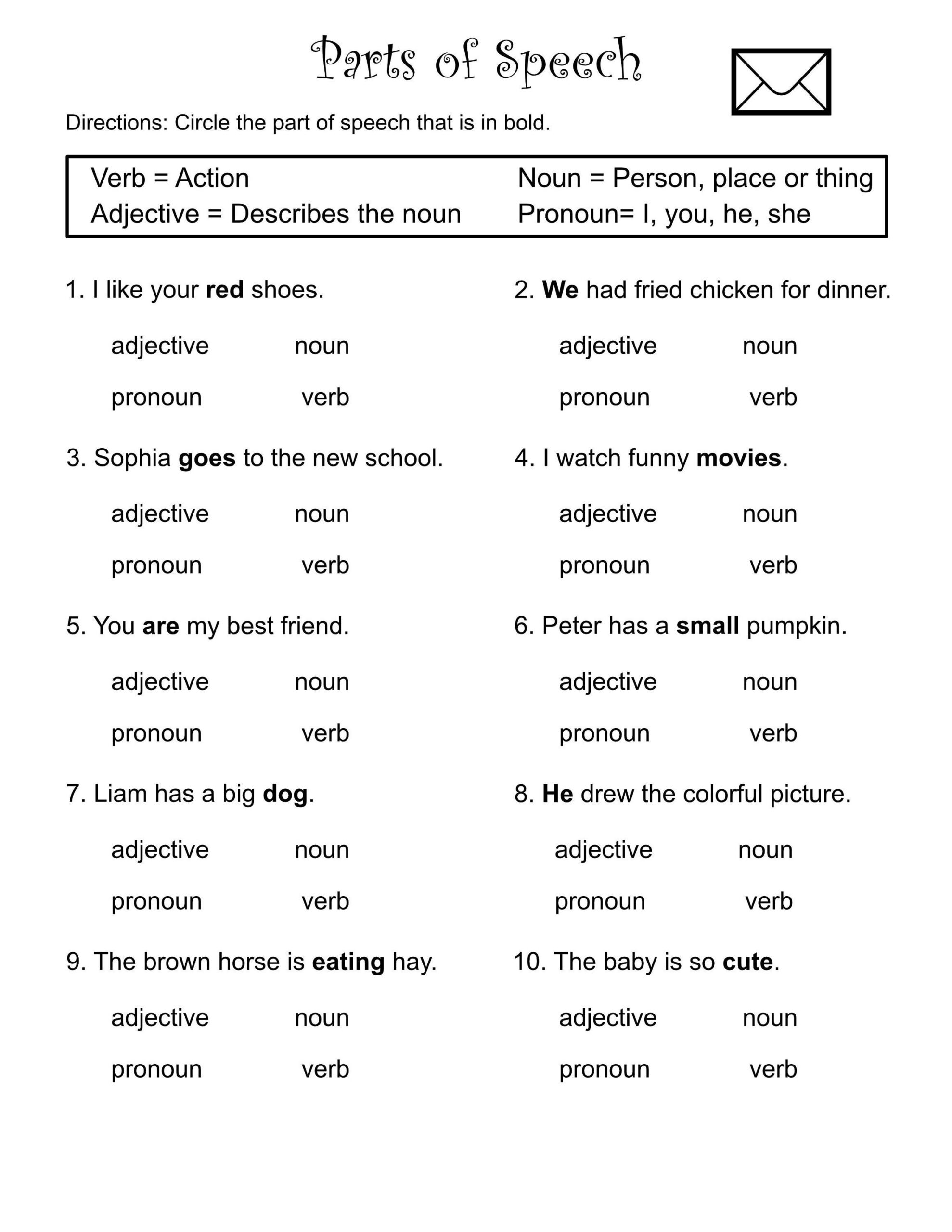 1st Through 3rd Grade parts Of Speech worksheets verbs nouns adjectives pronouns printable Etsy