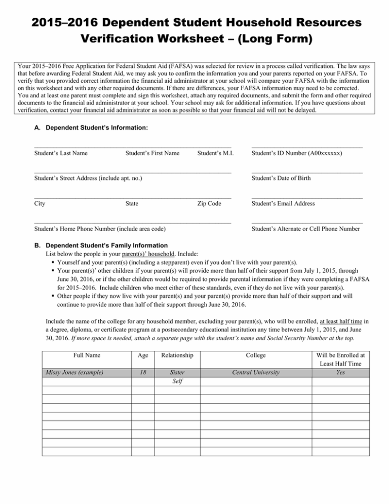 2015 2016 Dependent Student Household Resources Verification Worksheet Long Form 