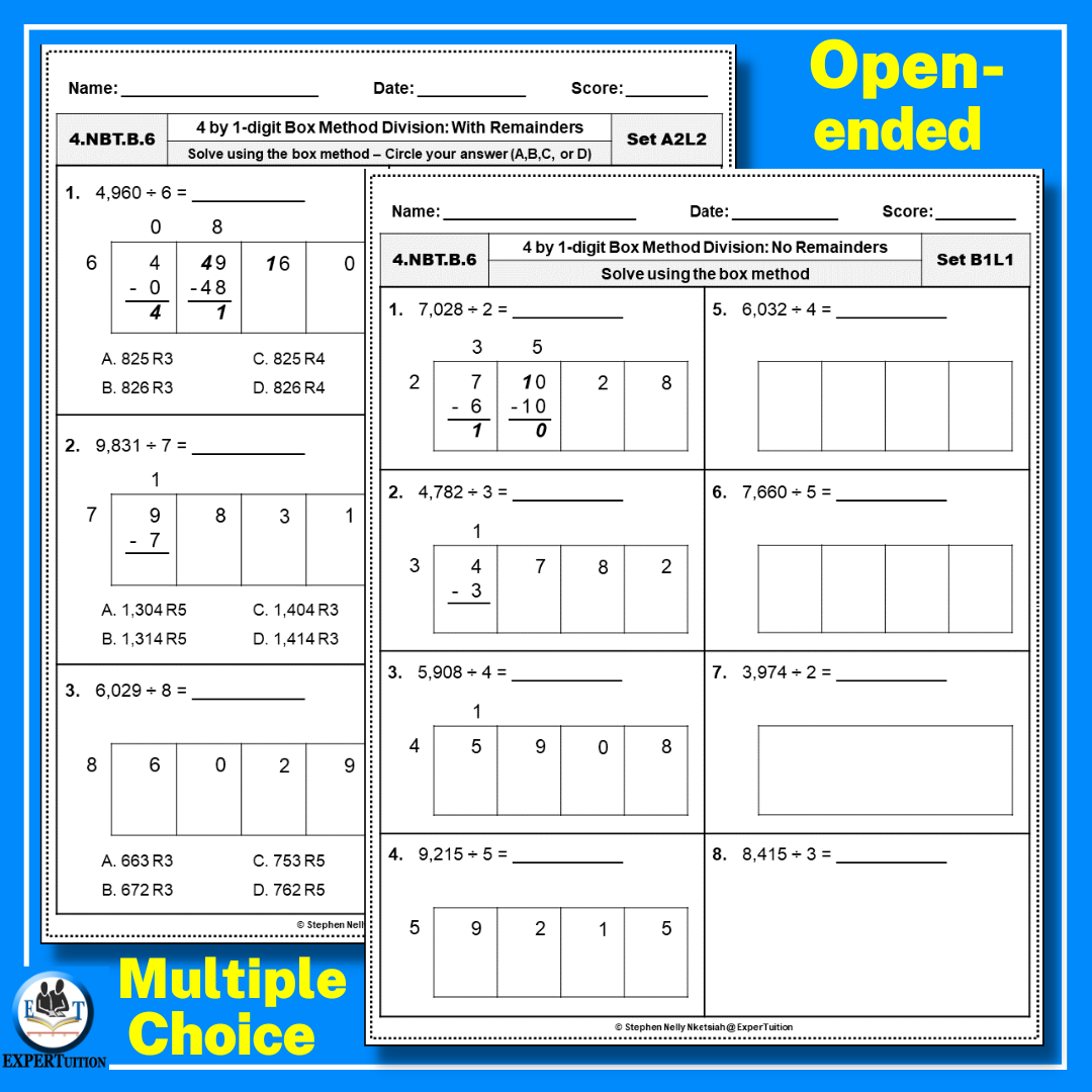 4 Digit By 1 Digit Box Method Division Worksheets 4th Grade Division With And Without Remainders Made By Teachers 4 Digit By 1 Digit Box Method Division Worksheets 4th Grade Division With And Without Remainders Made By Teachers