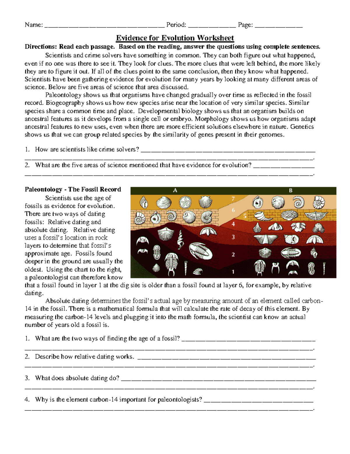 4 Evidence For Evolution Worksheet With Readings And Questions Studocu
