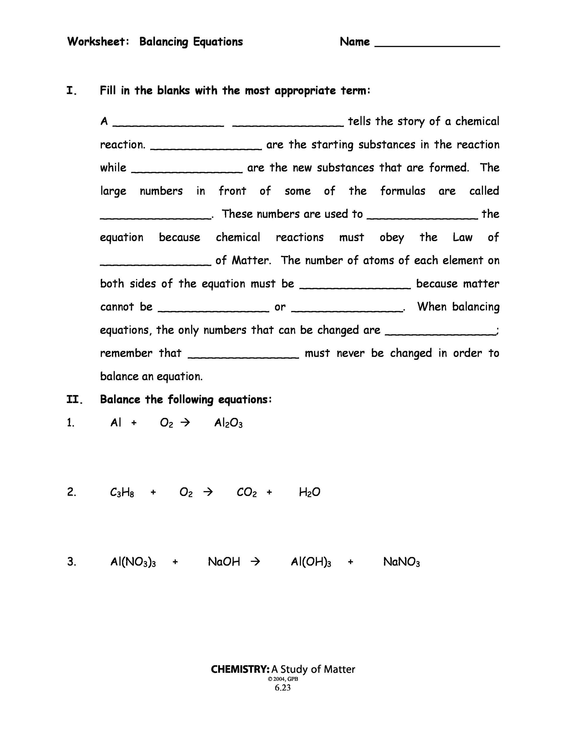 equation worksheet a balancing chemical equations equation worksheet a balancing chemical equations