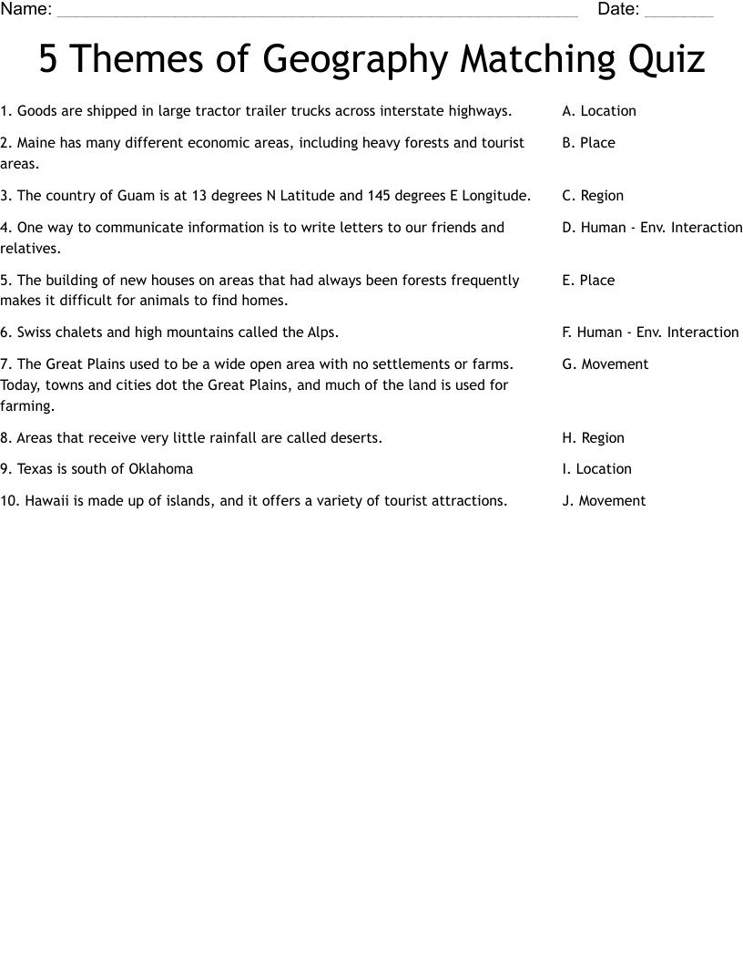 5 Themes Of Geography Matching Quiz Worksheet WordMint 5 Themes Of Geography Matching Quiz Worksheet WordMint