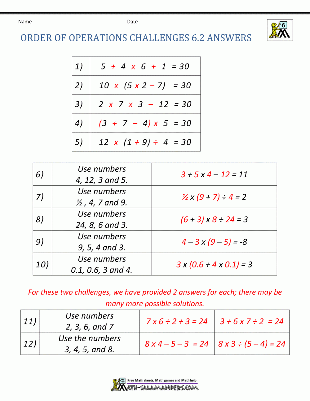 6th Grade Order Of Operations Worksheets 6th Grade Order Of Operations Worksheets