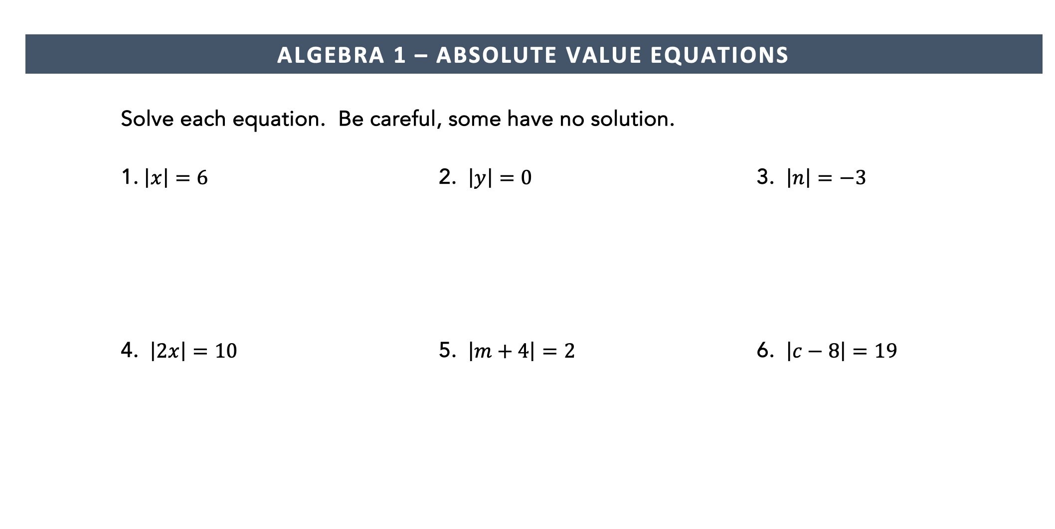 absolute value equations worksheet absolute value equations worksheet
