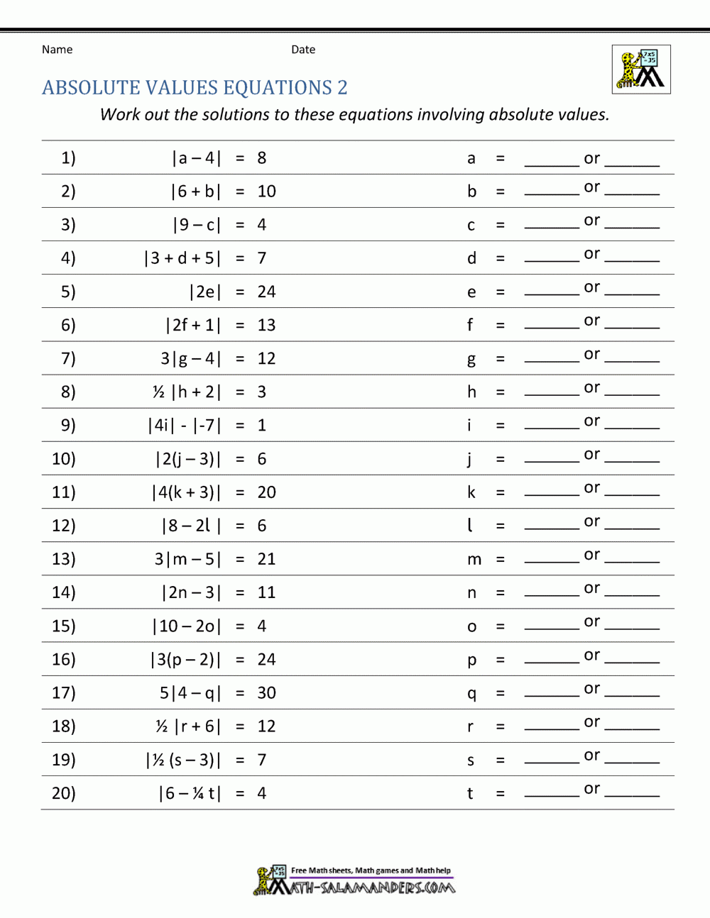 Absolute Value Worksheets Absolute Value Worksheets