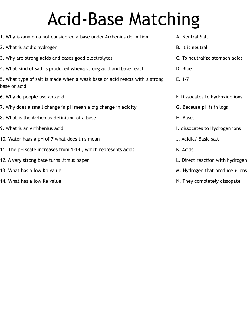 Acid Base Matching Worksheet WordMint