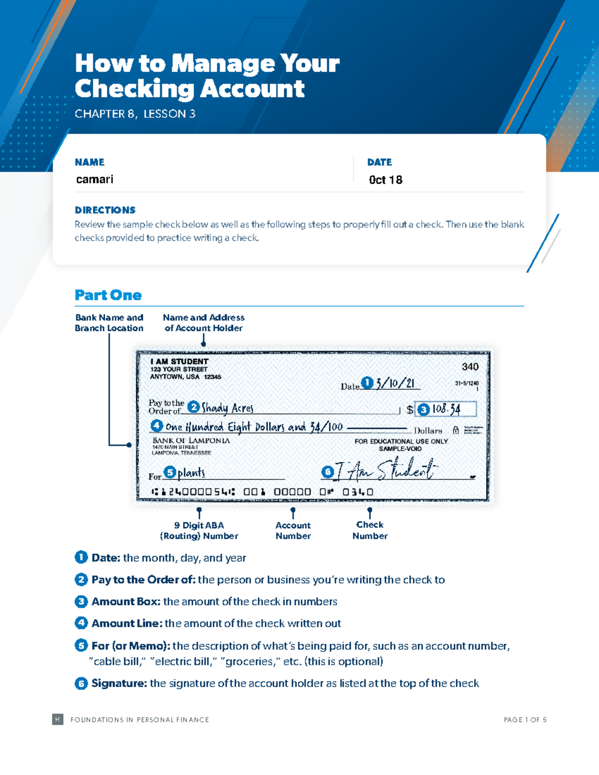 ACT Ch08 L03 Managing Your Checking Account Sample Checks And Register Studocu