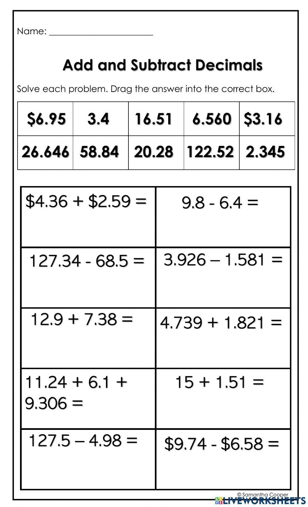Add And Subtract Decimals Online Exercise Live Worksheets Worksheets Library Add And Subtract Decimals Online Exercise Live Worksheets Worksheets Library