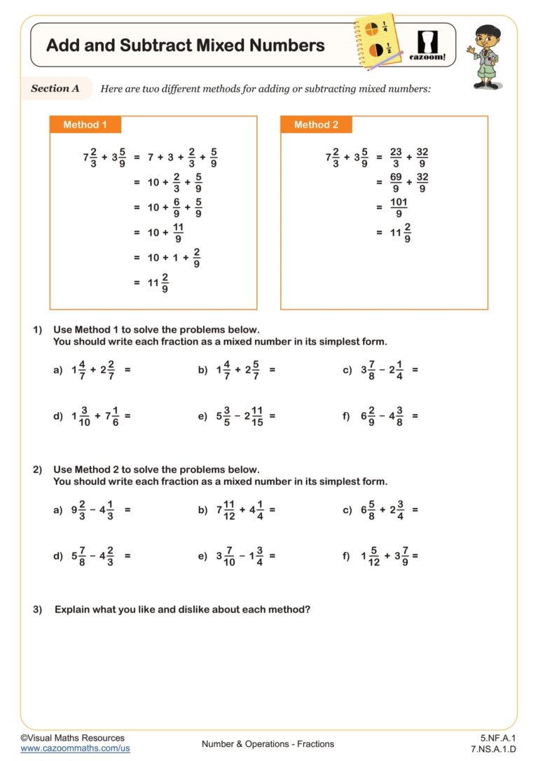 Add And Subtract Mixed Numbers Worksheet Fun And Engaging 5th Grade And 7th Grade Number Operations Worksheet Cazoom Math