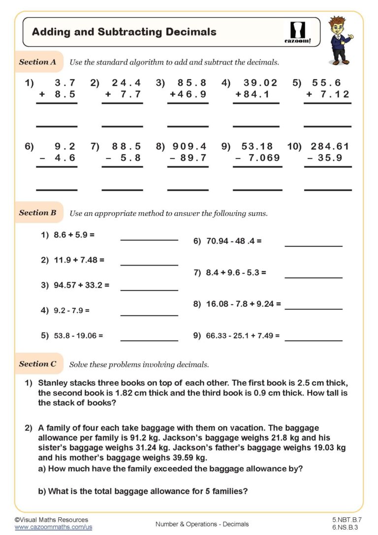 Adding And Subtracting Decimals Worksheet Fun And Engaging 5th Grade PDF Worksheets Cazoom Math