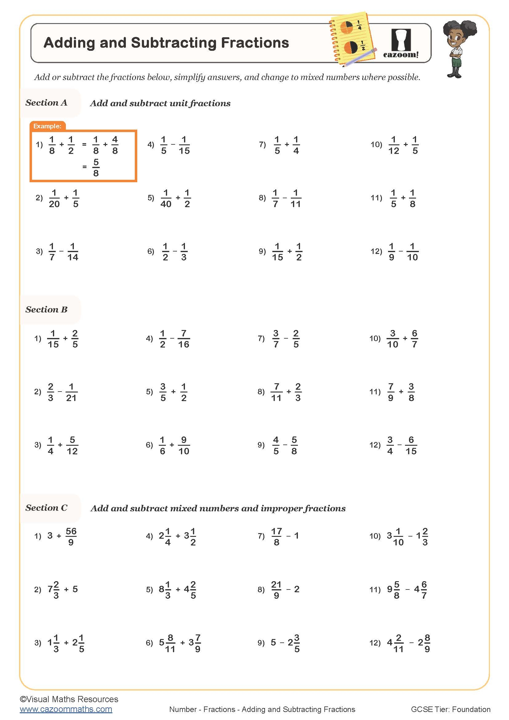 Adding And Subtracting Fractions Worksheet Printable Maths Worksheets Adding And Subtracting Fractions Worksheet Printable Maths Worksheets