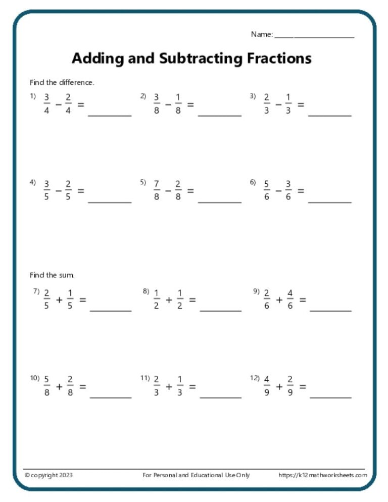 Adding And Subtracting Fractions Worksheets