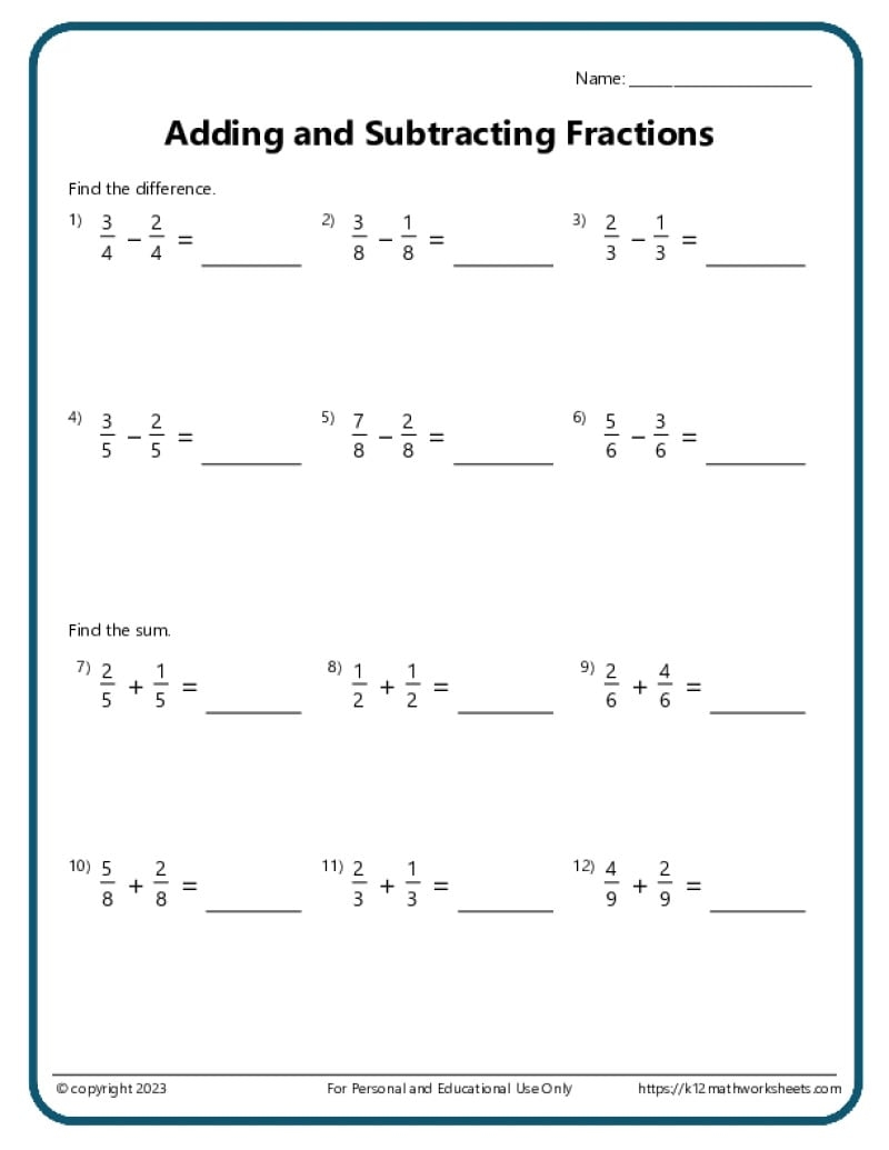 Adding And Subtracting Fractions Worksheets Adding And Subtracting Fractions Worksheets