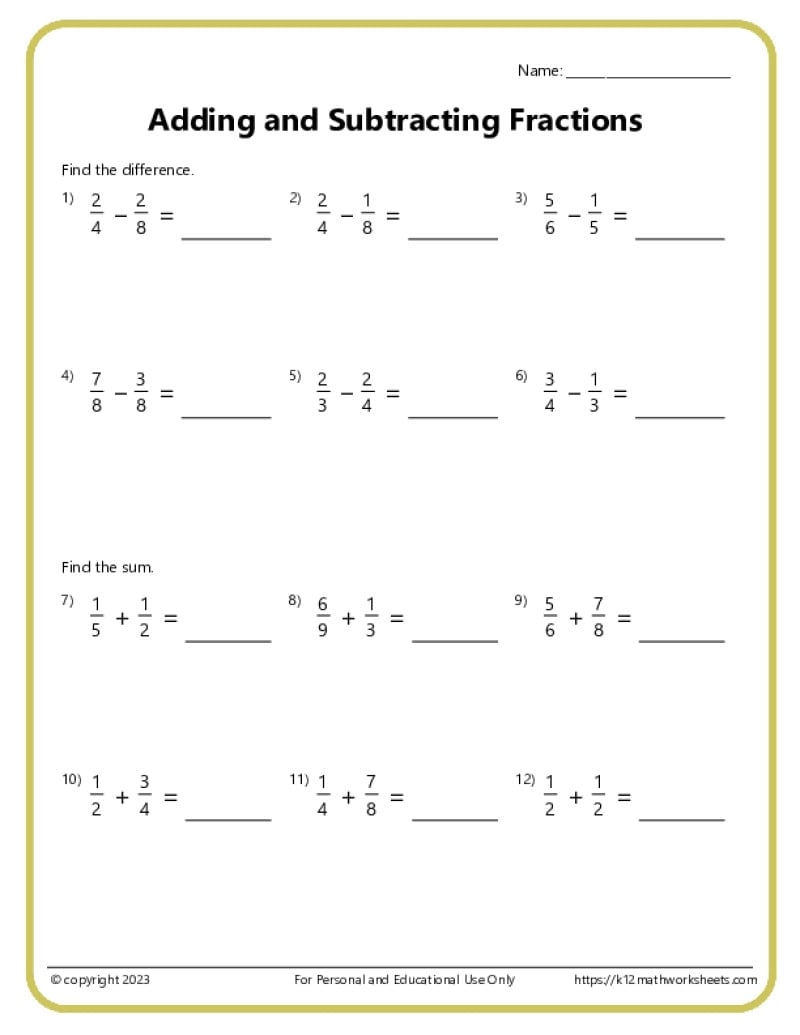 Adding And Subtracting Fractions Worksheets
