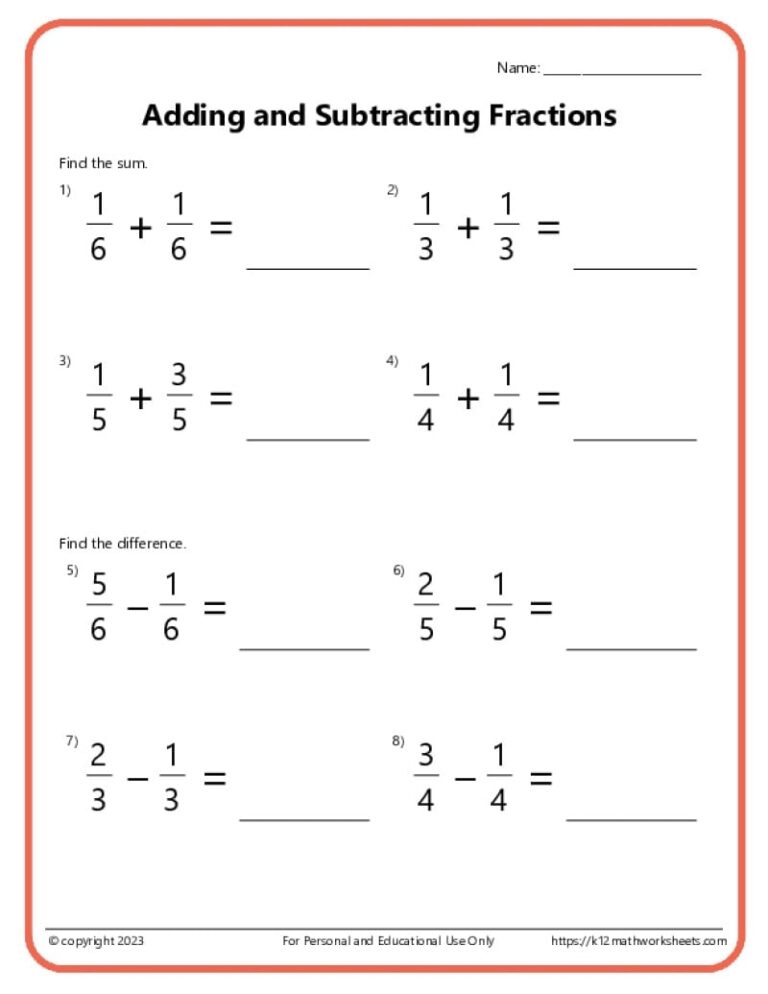 Adding And Subtracting Fractions Worksheets