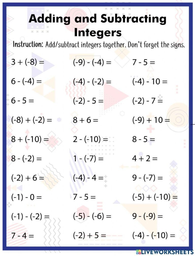 Adding And Subtracting Integers Worksheet For 3 Live Worksheets Worksheets Library