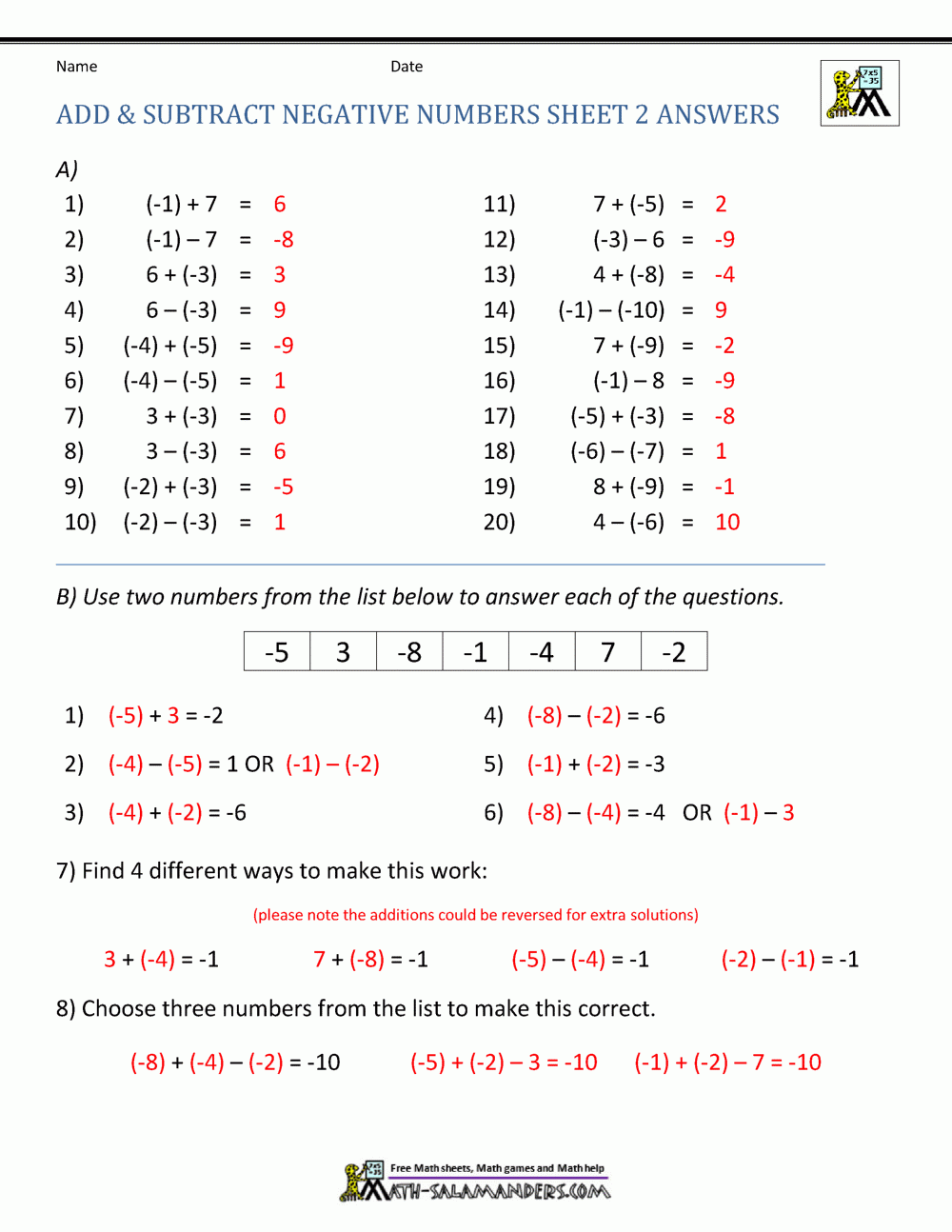 adding negative numbers worksheet