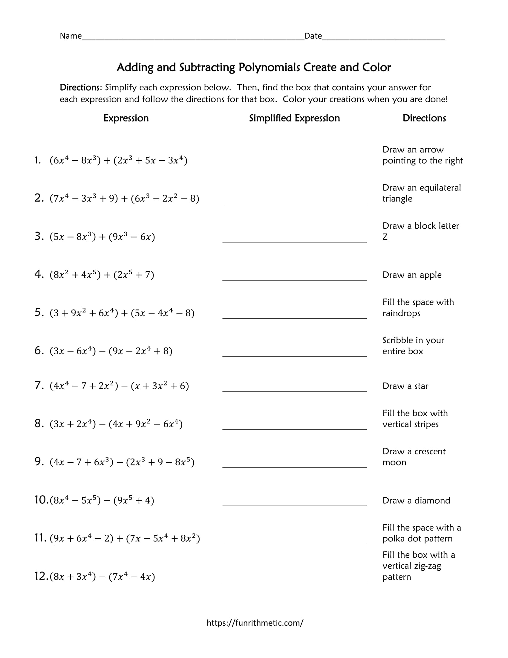Adding And Subtracting Polynomials Create And Color Funrithmetic Adding And Subtracting Polynomials Create And Color Funrithmetic