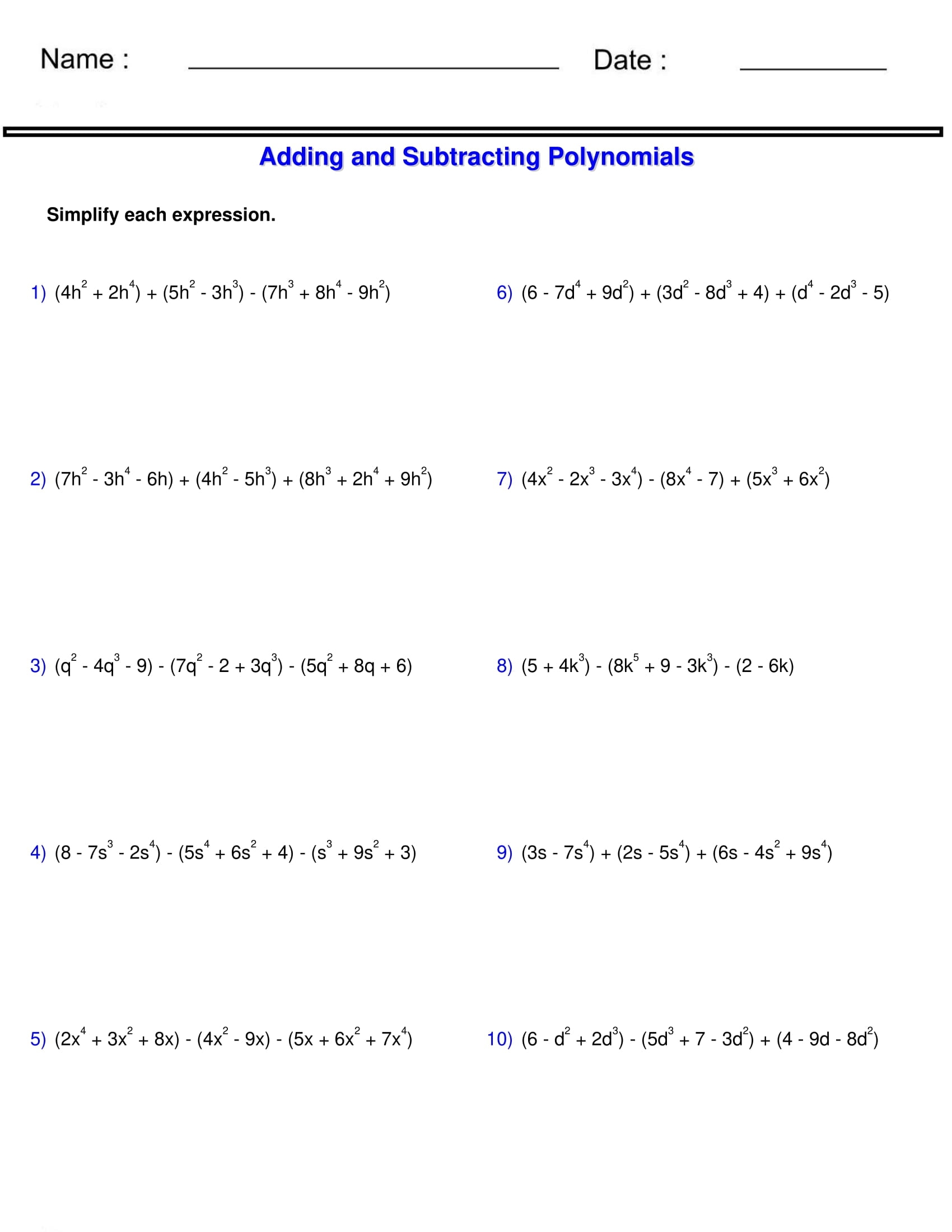 Adding And Subtracting Polynomials Worksheet 3 Polynomials Made By Teachers Adding And Subtracting Polynomials Worksheet 3 Polynomials Made By Teachers