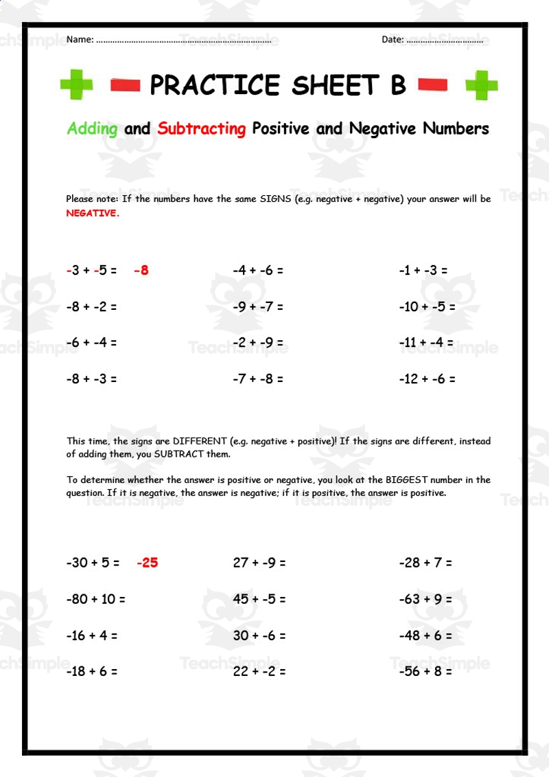 Adding And Subtracting Positive And Negative Numbers Practice Sheet B By Teach Simple Adding And Subtracting Positive And Negative Numbers Practice Sheet B By Teach Simple