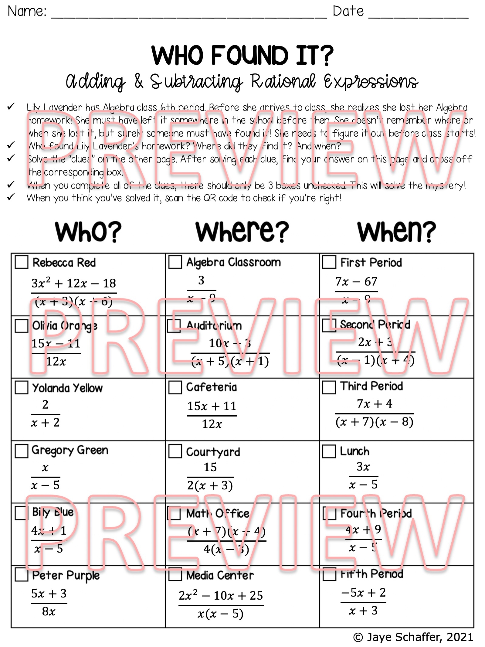 Adding And Subtracting Rational Expressions Clue Mystery Activity Made By Teachers Adding And Subtracting Rational Expressions Clue Mystery Activity Made By Teachers