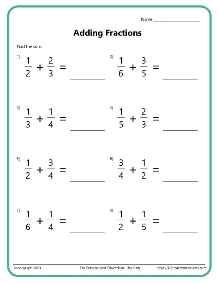 Adding Fractions With Unlike Denominators Worksheets