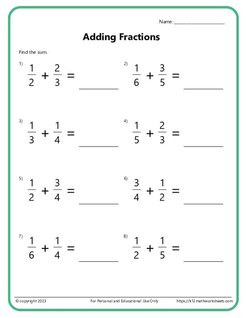Adding Fractions With Unlike Denominators Worksheets Adding Fractions With Unlike Denominators Worksheets