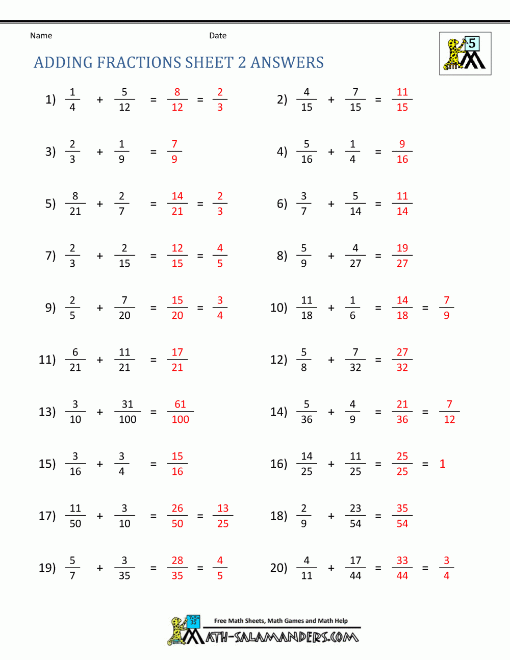 Adding Fractions Worksheets Adding Fractions Worksheets