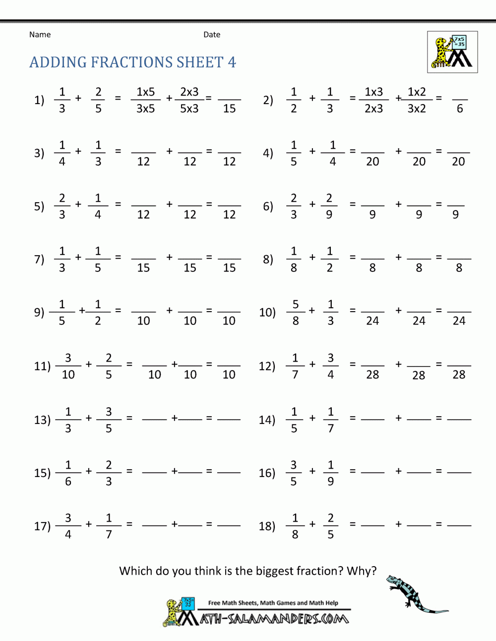 Adding Fractions Worksheets Adding Fractions Worksheets