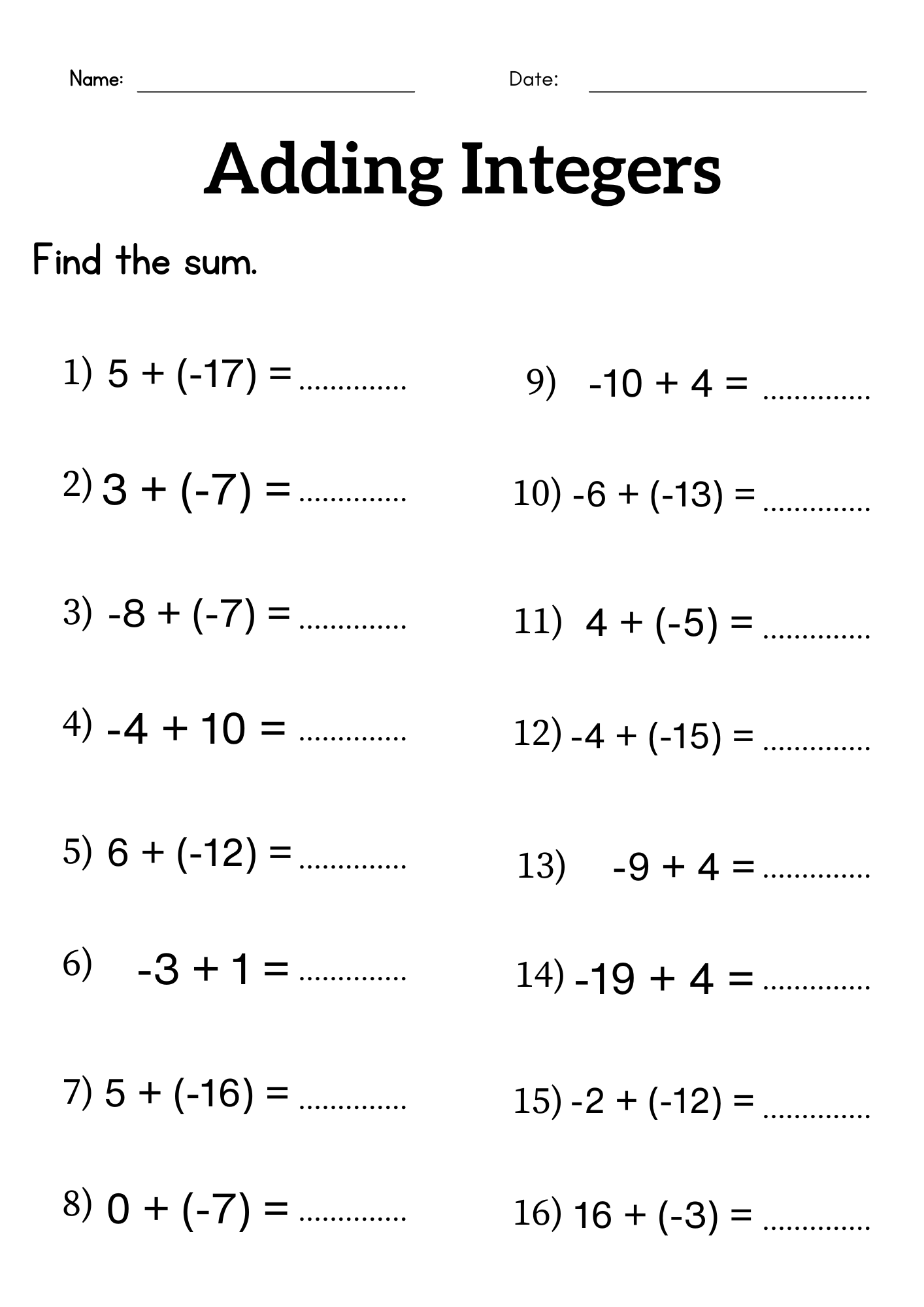 Adding Integers Worksheet Grade 6 Or 7 Addition Of Integers Worksheet Made By Teachers Adding Integers Worksheet Grade 6 Or 7 Addition Of Integers Worksheet Made By Teachers