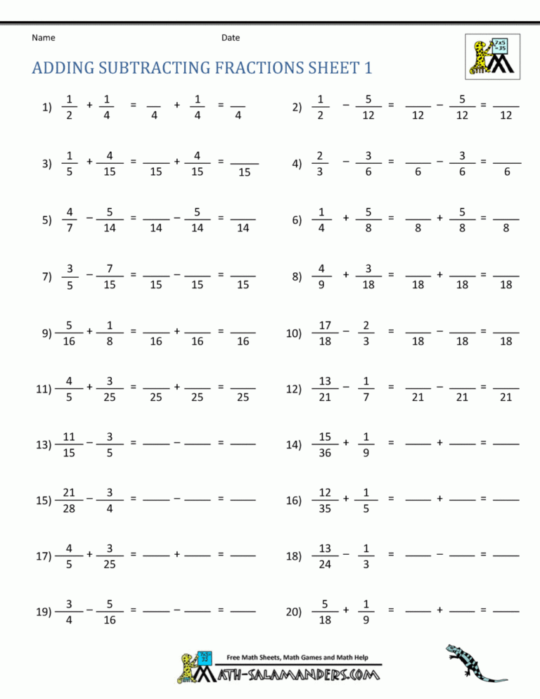 Adding Subtracting Fractions Worksheets