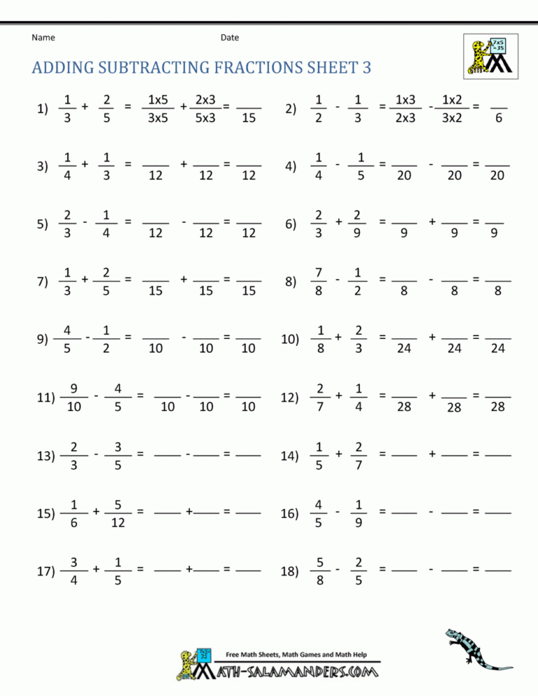 Adding Subtracting Fractions Worksheets