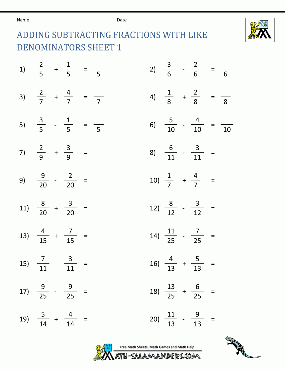 Adding Subtracting Fractions Worksheets Adding Subtracting Fractions Worksheets