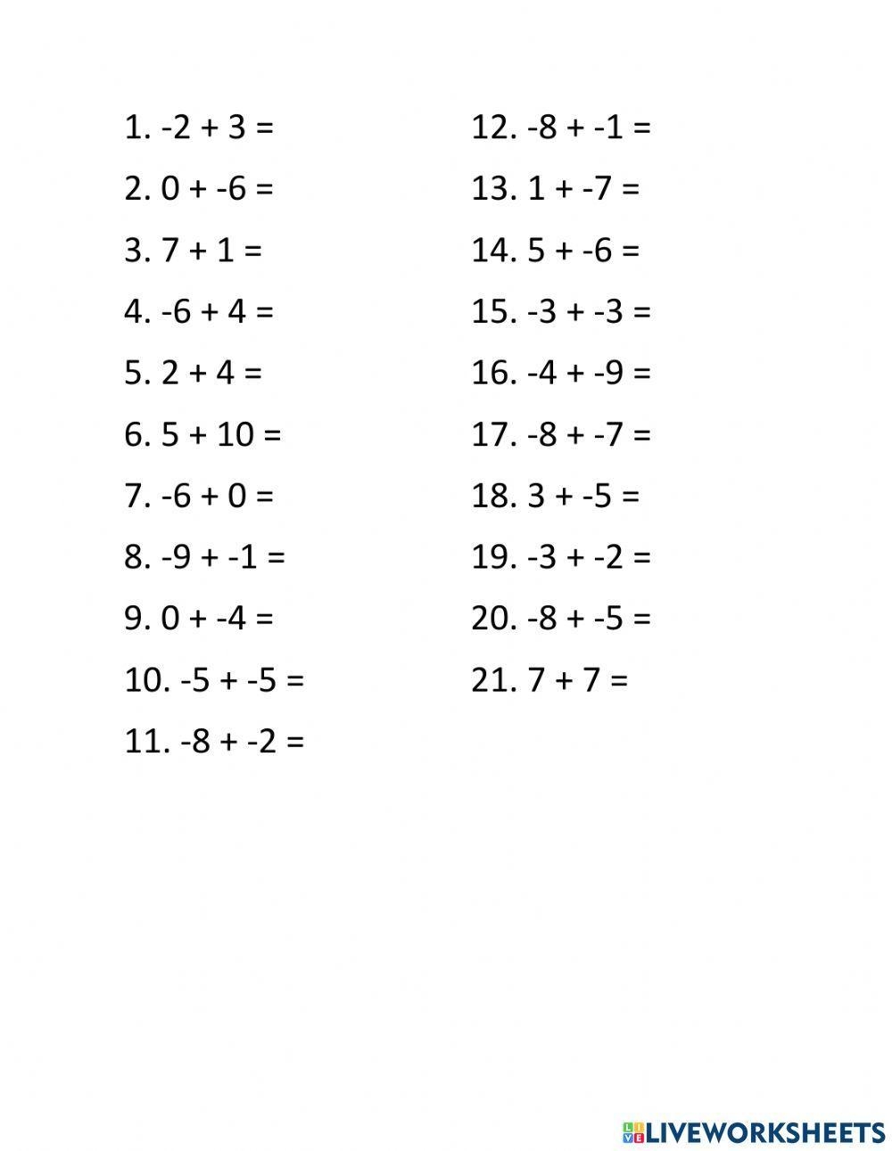 Addition Of Integers Interactive Worksheet Live Worksheets Worksheets Library