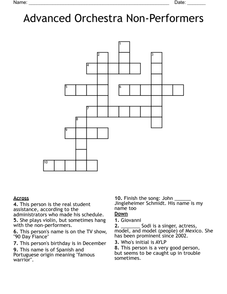 Advanced Orchestra Non Performers Crossword WordMint