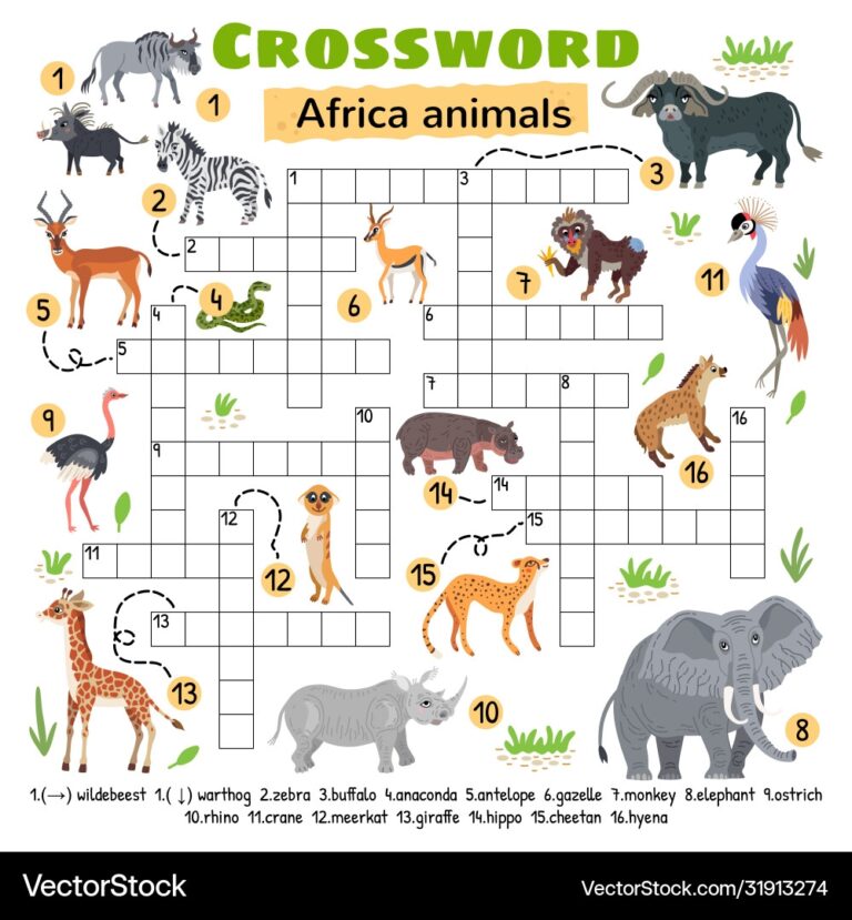 Africa Animals Crossword Puzzle Kids Activity Vector Image
