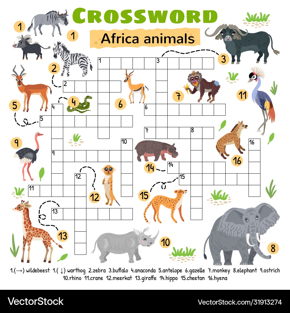 Africa Animals Crossword Puzzle Kids Activity Vector Image