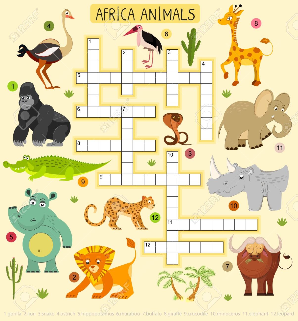 African Animals Vector Crossword For Children Illustration Of Lion And Leopard Elephant And Gorilla Royalty Free SVG Cliparts Vectors And Stock Illustration Image 141856470 