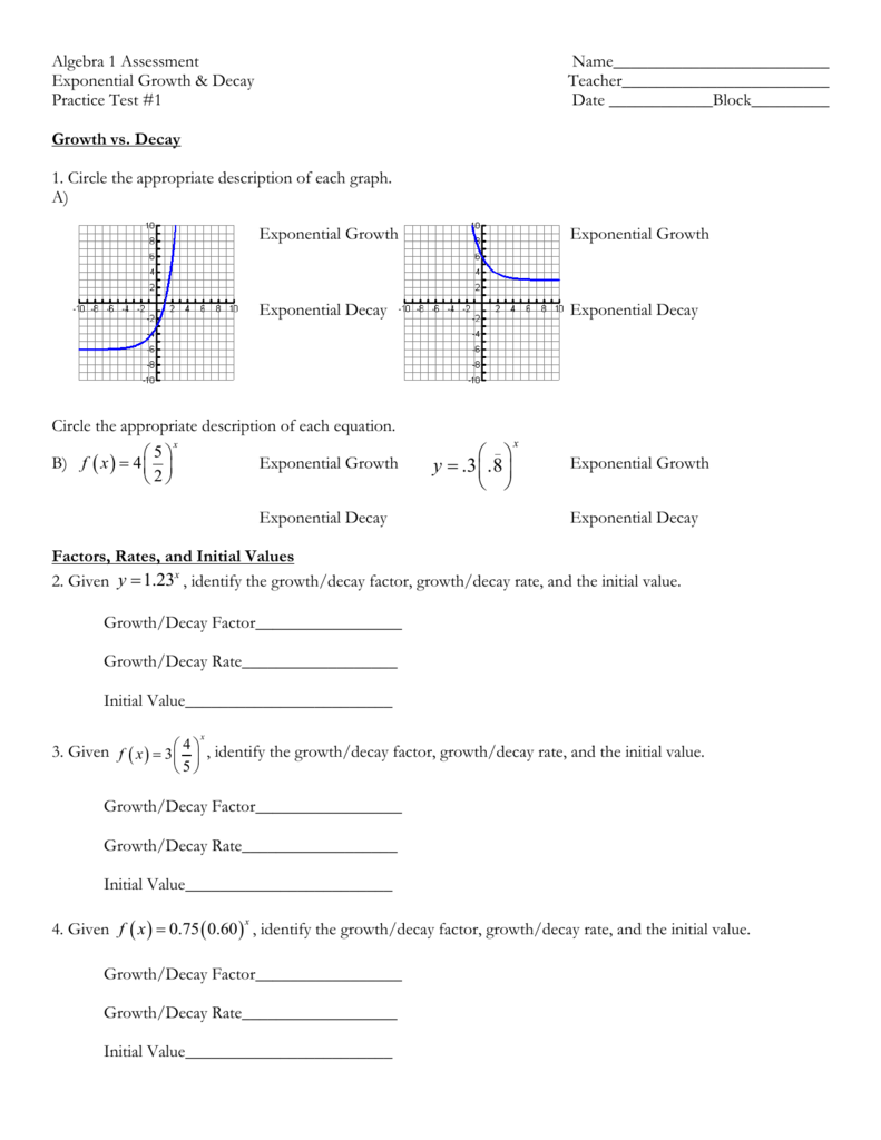 Algebra 1 Exponential Growth Decay Practice Test Algebra 1 Exponential Growth Decay Practice Test