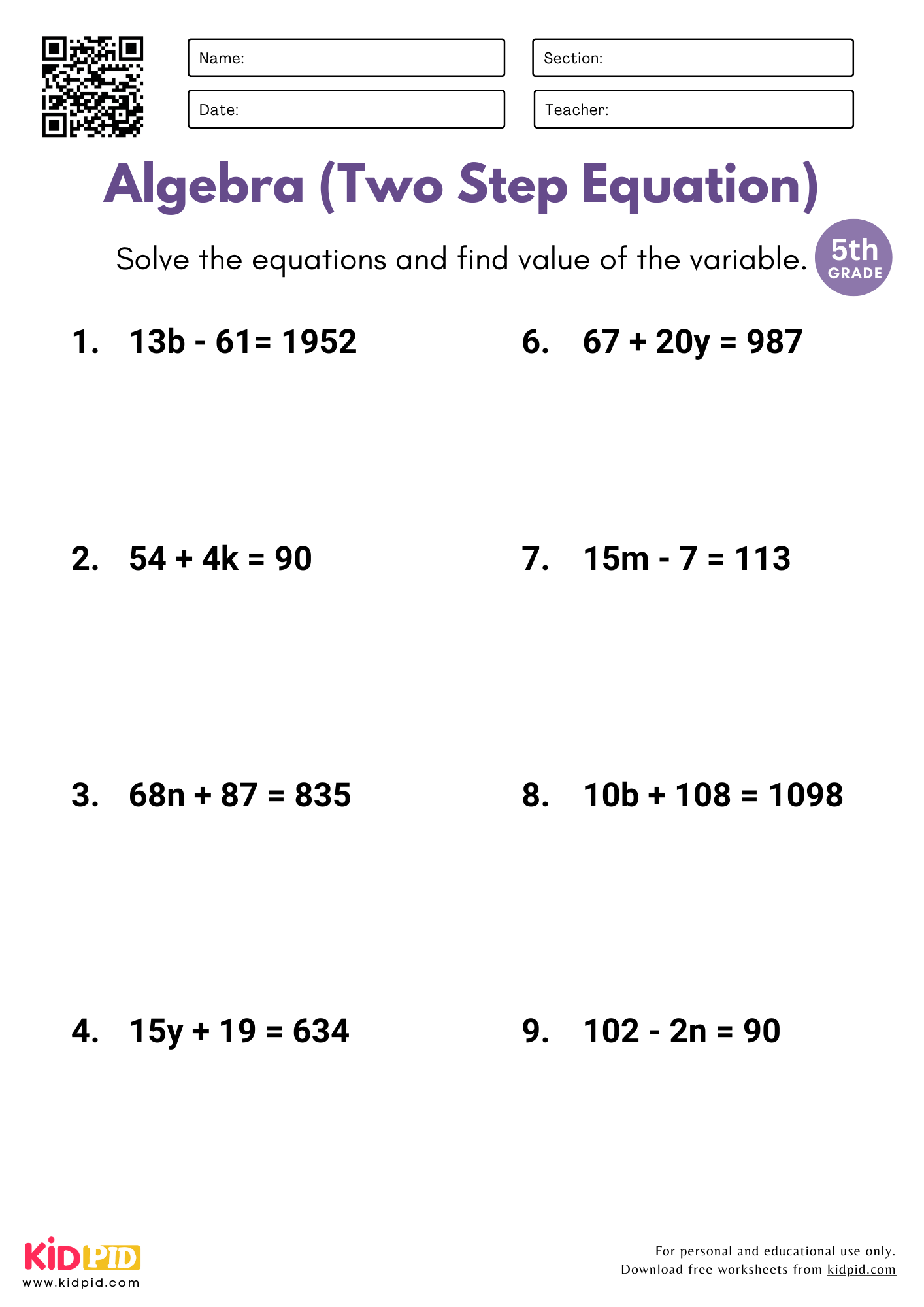 Algebra 2 Step Equations Worksheet For Grade 5 Kidpid Algebra 2 Step Equations Worksheet For Grade 5 Kidpid
