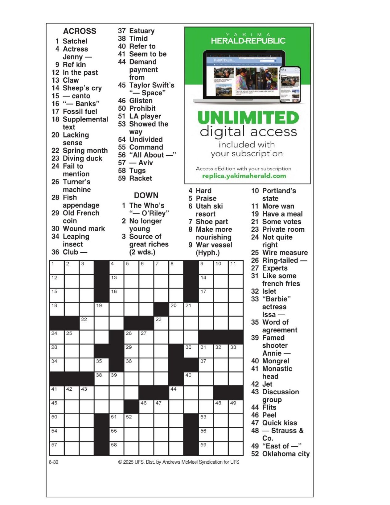 AM Crossword Aug 30 2025 Crosswords Yakimaherald