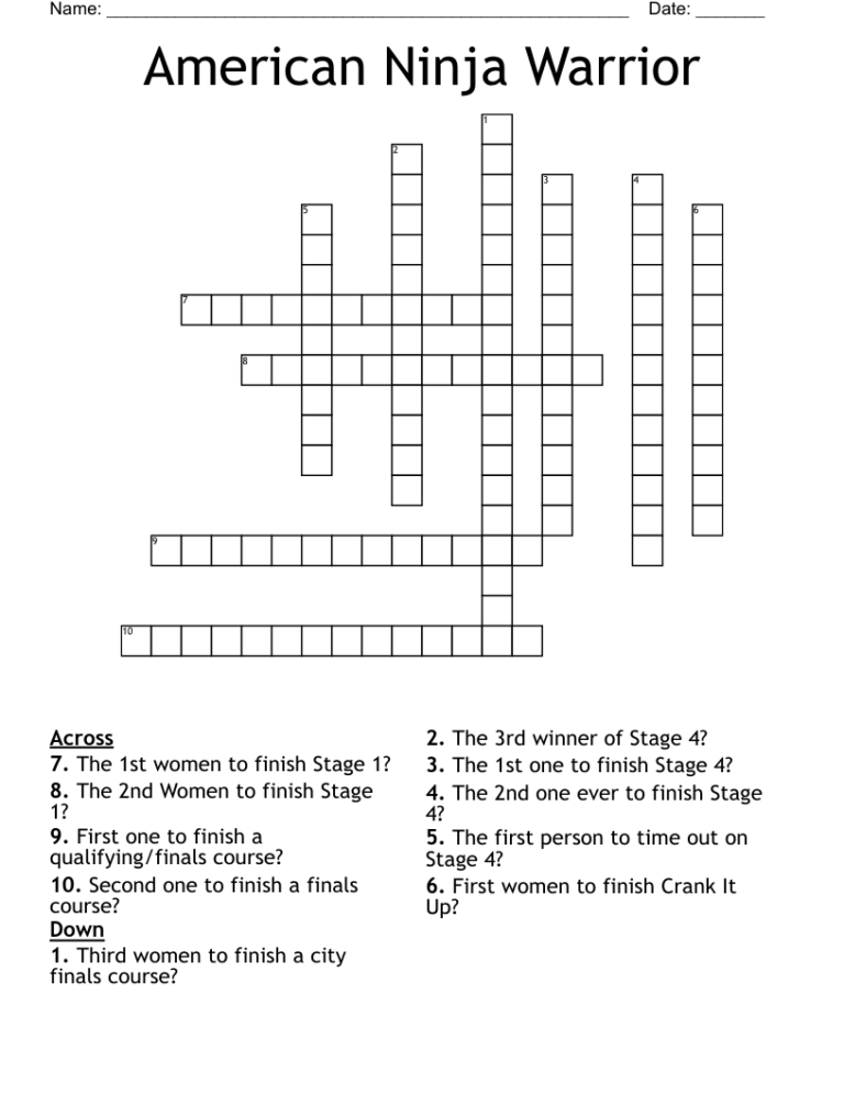 American Ninja Warrior Crossword WordMint
