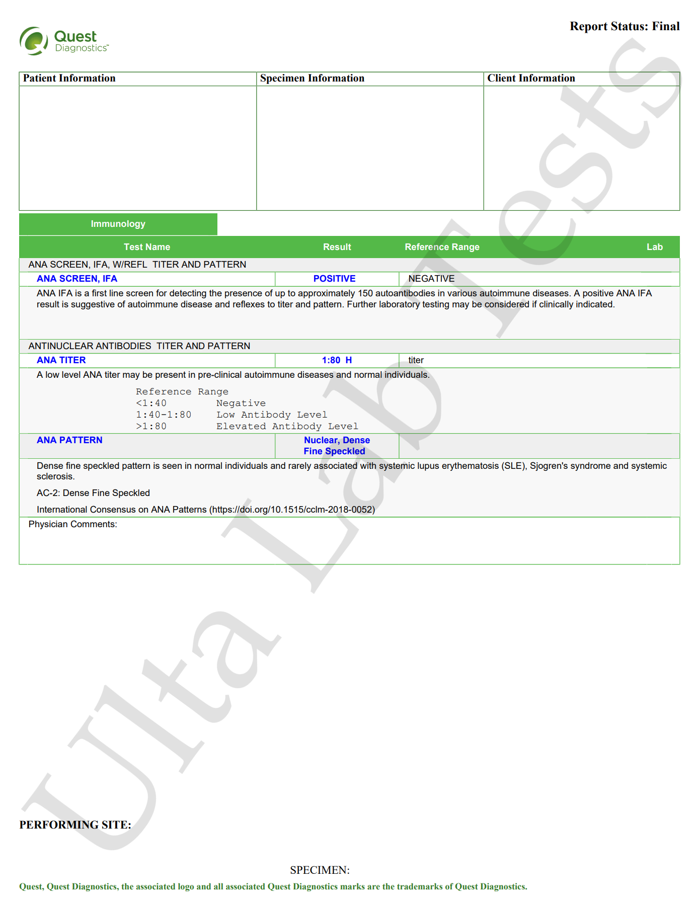 ANA Screen IFA With Reflex To Titer And Pattern Ulta Lab Tests