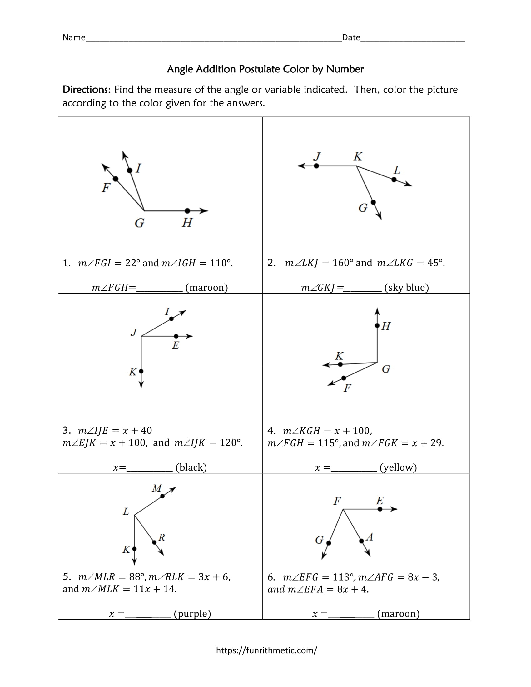 Angle Addition Postulate Color By Number Funrithmetic Angle Addition Postulate Color By Number Funrithmetic