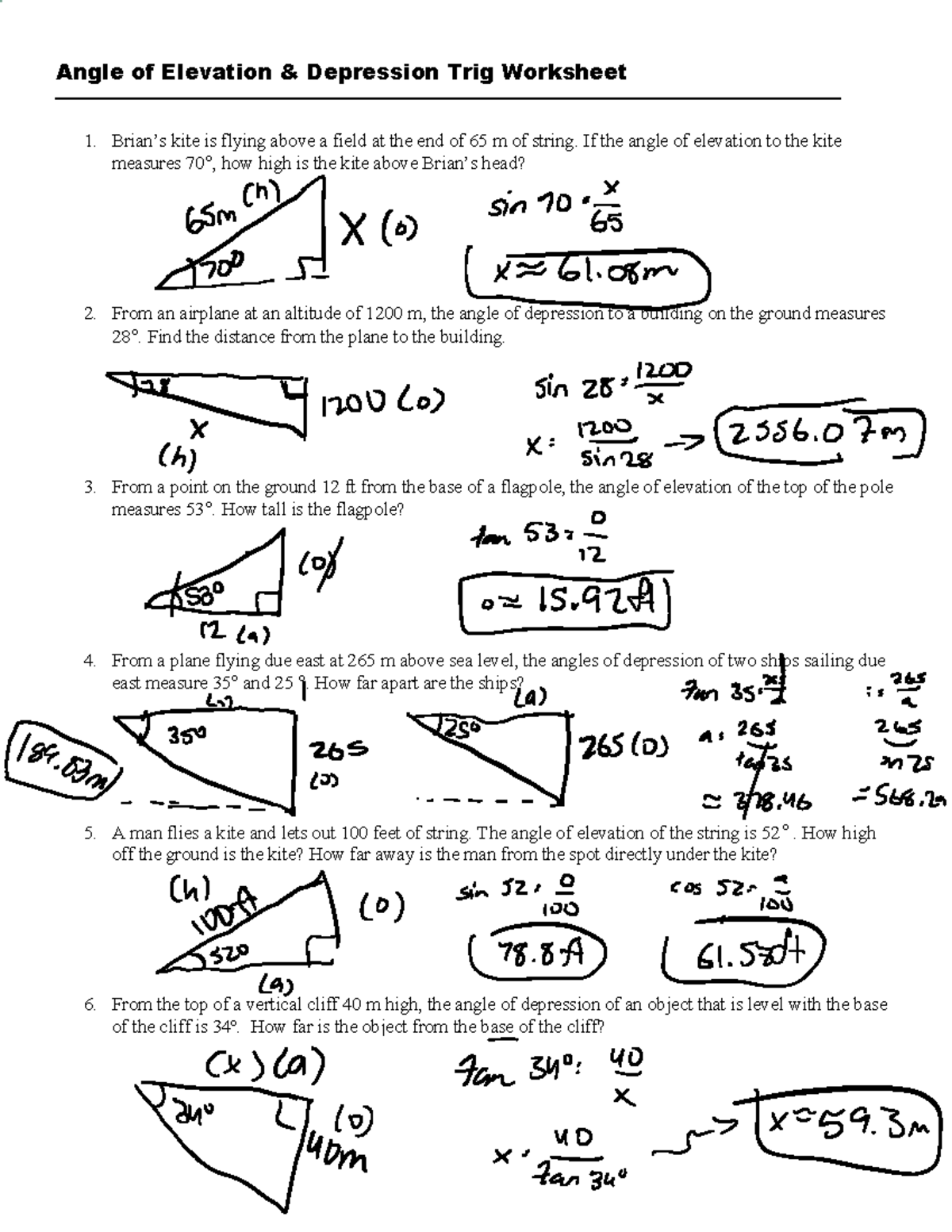 Angles Of Elevation And Depression Practice Angle Of Elevation amp Depression Trig Worksheet Studocu Angles Of Elevation And Depression Practice Angle Of Elevation amp Depression Trig Worksheet Studocu