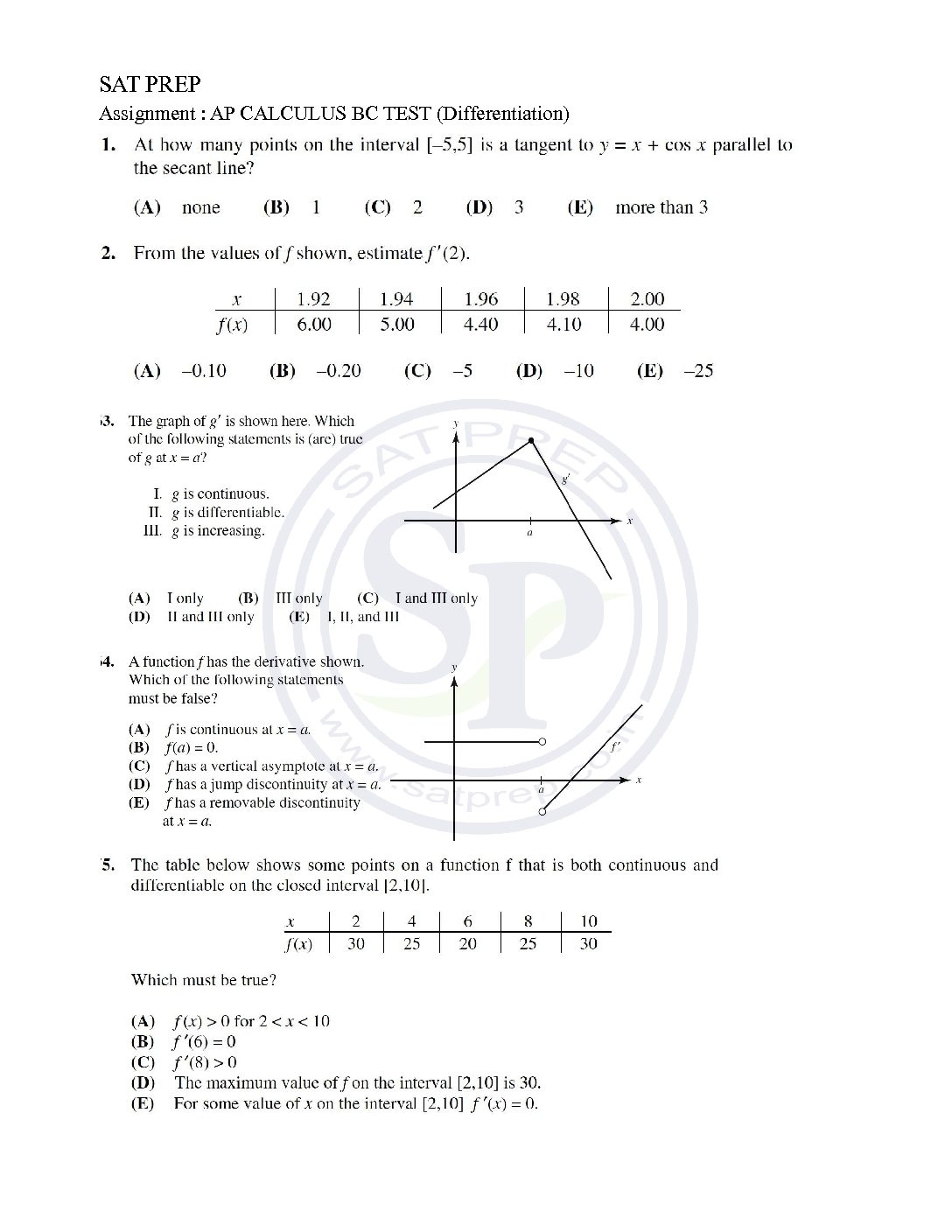 AP Calculus AB BC Test 3 Differentiation SAT PREP Worksheets Library AP Calculus AB BC Test 3 Differentiation SAT PREP Worksheets Library