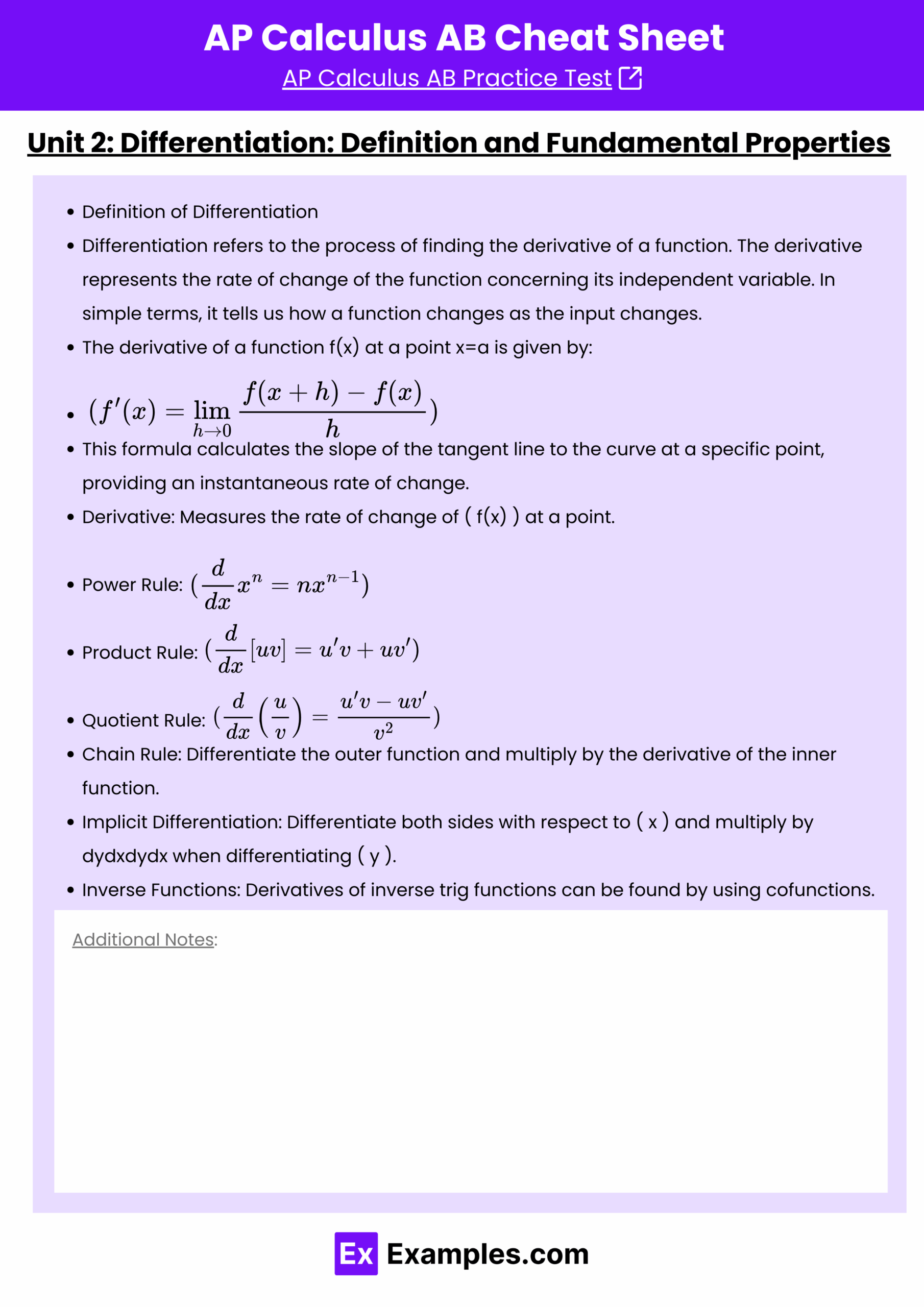 AP Calculus AB Cheat Sheet Free PDF Unit Wise Examples AP Calculus AB Cheat Sheet Free PDF Unit Wise Examples