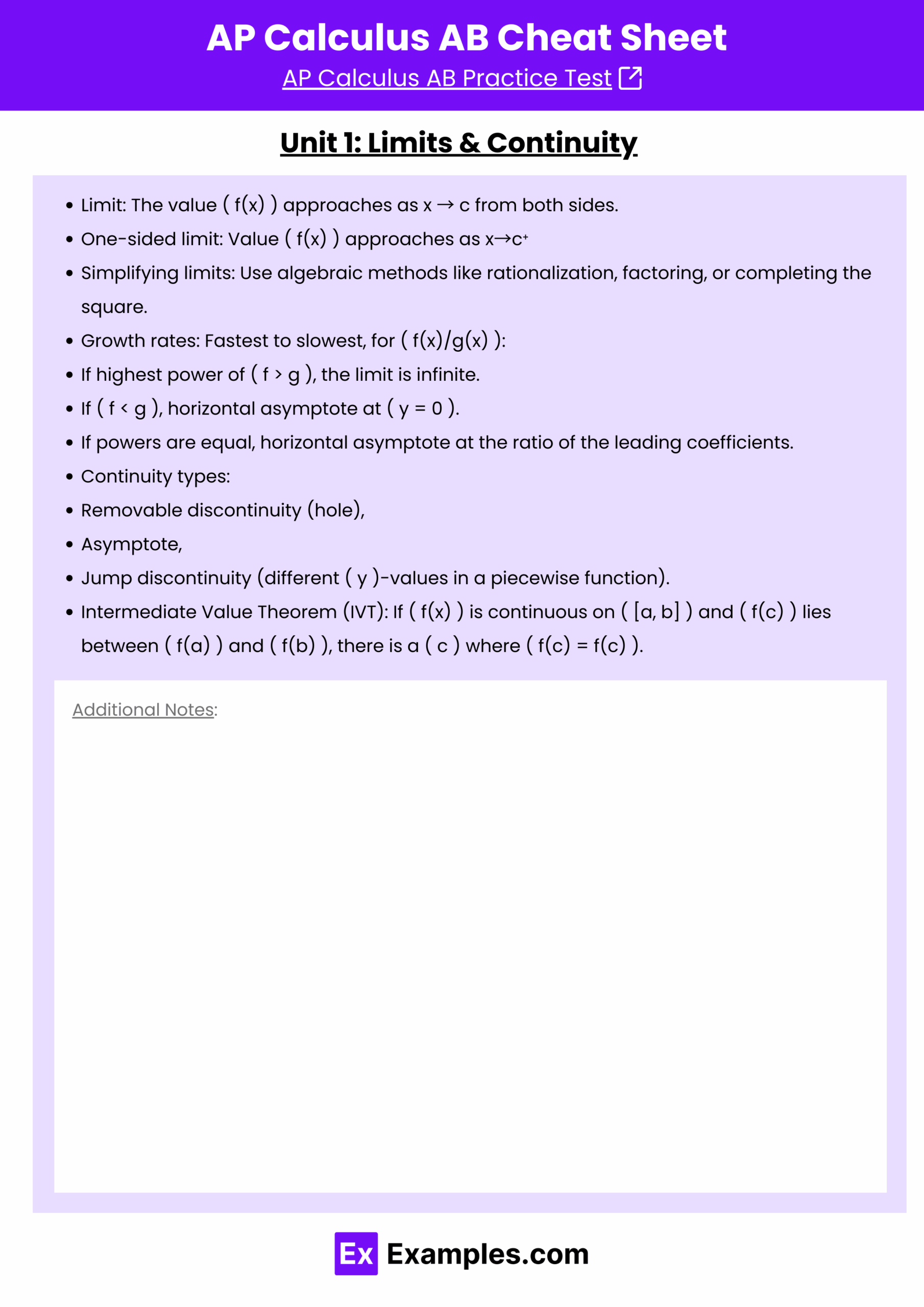 AP Calculus AB Cheat Sheet Free PDF Unit Wise Examples AP Calculus AB Cheat Sheet Free PDF Unit Wise Examples