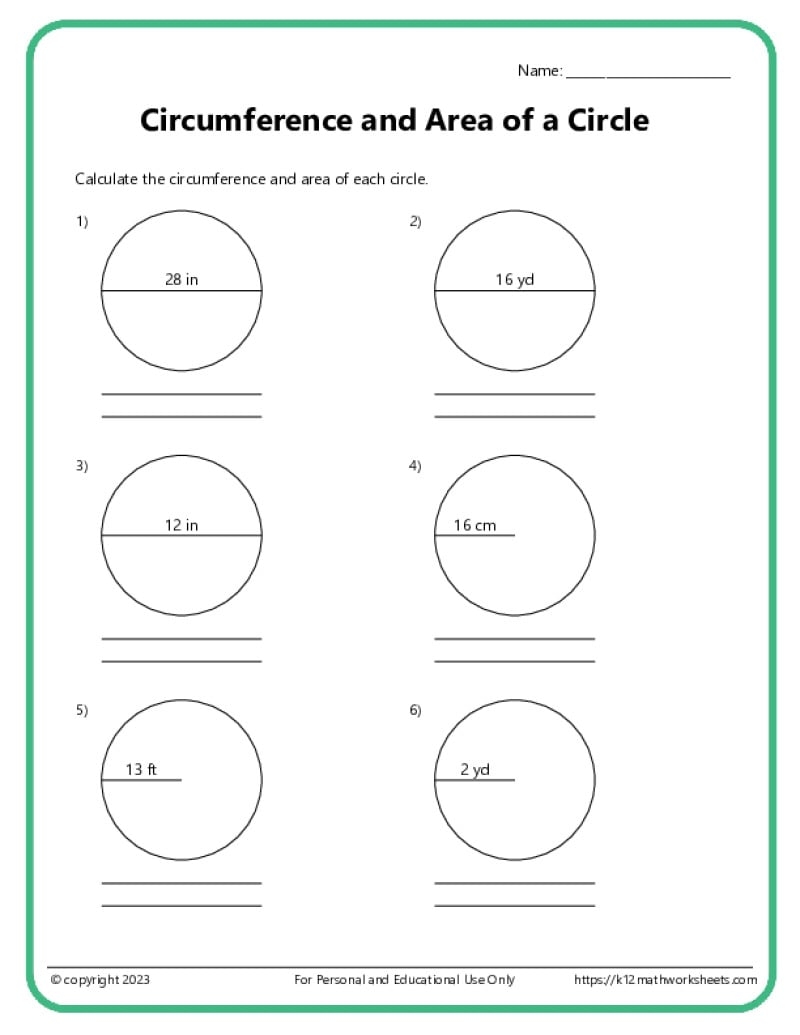 Area And Circumference Of Circles K12 Math Worksheets