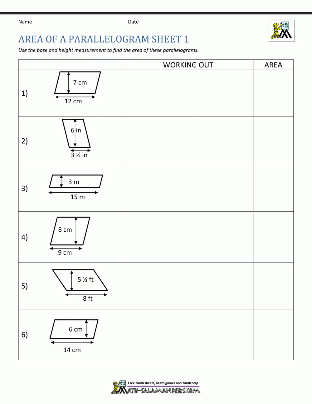 Area Of Parallelogram Worksheet Area Of Parallelogram Worksheet